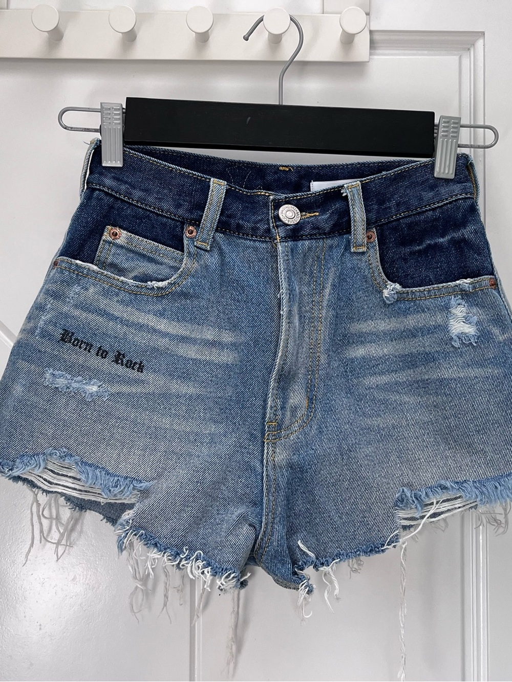 Moussy High-Rise Distressed Denim Shorts in Blue Size 1